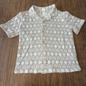Morse Code Mens Knit Crochet Button Up Short Sleeve Polo Size Small Beige‎